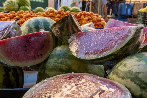 Sale Watermelons Exposed Street Refreshing Summer Fruit Island Mallorca Spain — Foto Stock