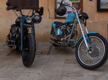 Santanyi, Spain; july 30 2022: Exhibition of Harley-Davidson classic motorcycles in the Majorcan town of Santanyi, Spain