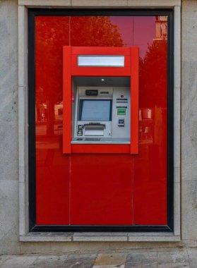 Arta, Spain; august 13 2022: Close-up of an ATM of the Santander banking company, in the Mallorcan town of Arta