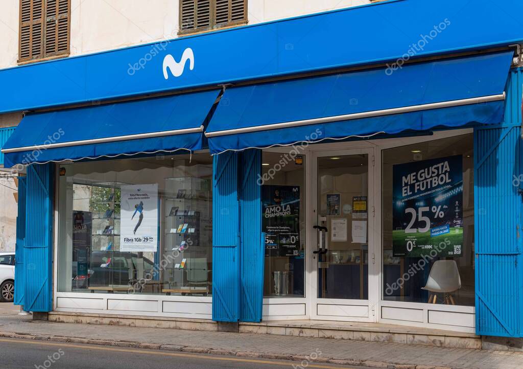 Felanitx, Spain; september 21 2022: Main facade of a store of the multinational telecommunications company Movistar, in the Majorcan town of Felanitx, Spain
