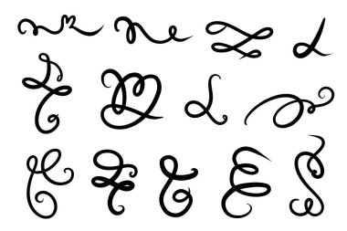 El çizimi girdaplar, harfler ve el yazısı dekorasyonu, karalamalar. Vektör mürekkebi fırıl fırıl döner ve serbest salınır