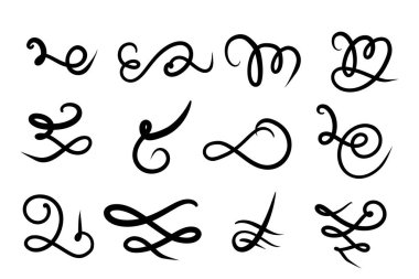 El çizimi girdaplar, harfler ve el yazısı dekorasyonu, karalamalar. Vektör mürekkebi fırıl fırıl döner ve serbest salınır