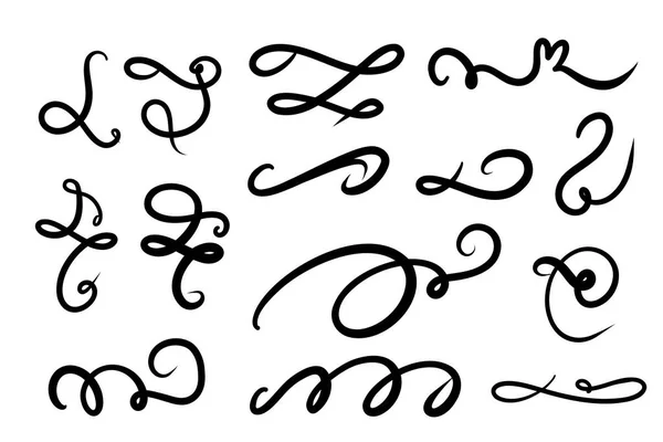 Set med handritade virvlar, bokstäver och kalligrafi dekoration, bläckfiskar. Vektorbläck virvla och fri form svepa — Stock vektor