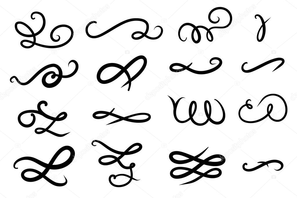 Set of hand drawn Swirls, lettering and calligraphy decoration, squiggles. Vector ink swirl and freeform swoop.