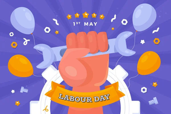 Labor Day Hand hält Schraubenzieher, Arbeiter Feier mit Luftballons — Stockvektor