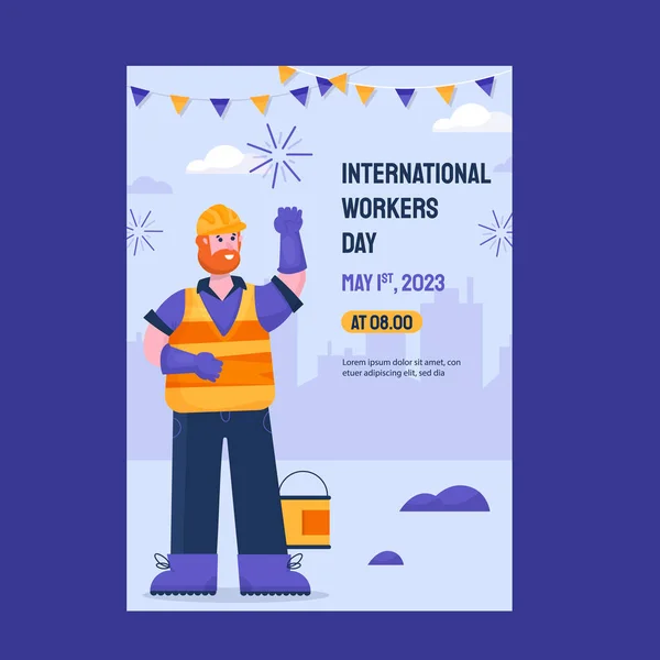 Plakat zum Tag der Arbeit mit Arbeiter, Einladung zur Feier, Verkaufskarte, Geschäftsillustration im Cartoon-Stil — Stockvektor