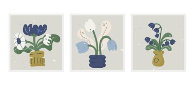 Scandinavian Flower posters set, florist abstract vector illustration, minimal stylish plant background