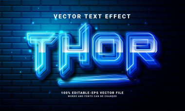 Thor 3D metin efekti. Mavi ışık temalı düzenlenebilir metin tarzı efekti. Kahramanlık için uygun bir etkinlik..