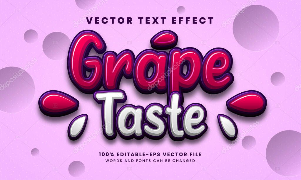 Grape taste 3D text effect. Editable text style, suitable for food product needs.