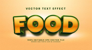 Yemek 3 boyutlu metin efekti. Gıda ürünü ihtiyaçları için uygun düzenlenebilir metin biçimi efekti.
