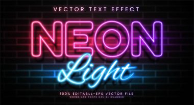 Neon ışığı düzenlenebilir metin etkisi. Açık tema için uygun mor ve mavi renkte parlayan metin.