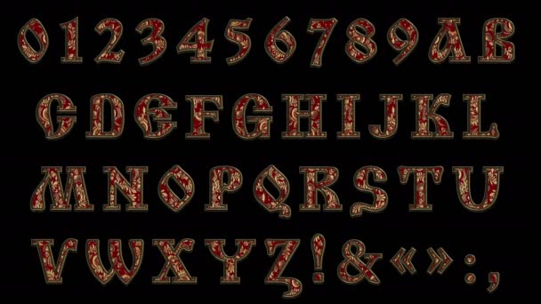 Alphabet with old Russian stylization. 3d. Font playing in gold with an ornament. Animated letters to be assembled into an inscription. — Stock Video