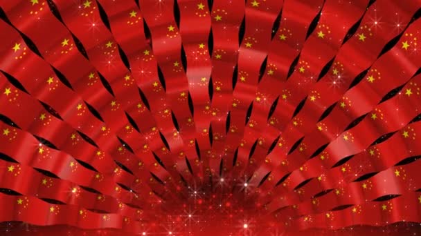 중국 배경. 흔들고 있는 나라 깃발 리본. 깃발 과별로 이루어진 터널 이 있는 회색 아치. — 비디오