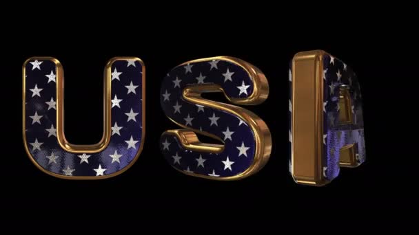 ΗΠΑ - 3D επιγραφή. Χρυσά κινούμενα γράμματα με ένα ζωντανό εθνικό πρότυπο αστεριών. Κινουμένων σχεδίων όνομα χώρας. Λουπ. Κανάλι άλφα. — Αρχείο Βίντεο