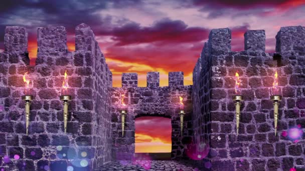 A romantic fortress. The castle is lit with lights. Sunset. Loop. — Stock Video