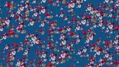 Russian folk background. Blue background. Fair items. 4K. Matryoshka dolls, bagels, cockerels.