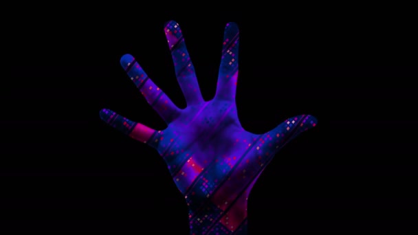 La mano es un ecualizador. 4K. Proyección de gráficos musicales en una palma 3D. — Vídeos de Stock