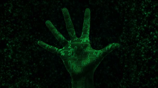 The hand is a futuristic matrix. 4K. Projection of green numbers onto a 3D palm. — Stok video