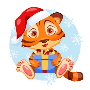 Beyaz arka planda Noel Baba şapkalı şirin bir kaplan. 2022 yılının sembolü. Kaplanın Çin Yeni Yılı.