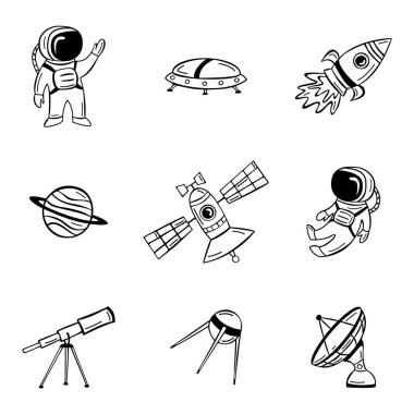 Astronot, uydu, roket ve karalama tarzında gezegenlerle el çizimi simgesi. El çizimi koleksiyonu dış uzayı karalar.