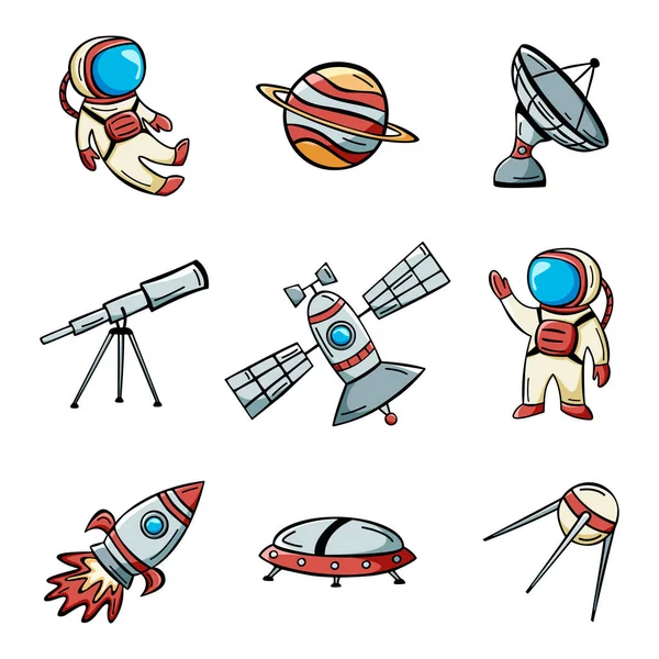 Ícone Desenhado Mão Com Astronauta Satélite Foguete Planetas Estilo Doodle —  Vetores de Stock