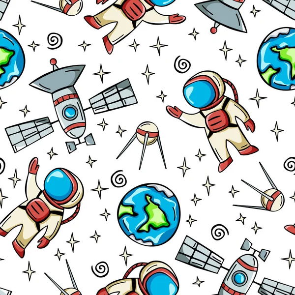 Seamless pattern with astronaut, satellite and planets in doodle style. Hand drawn space pattern.