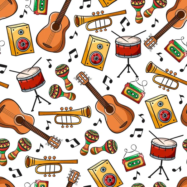 Hand Drawn Seamless Pattern Musical Instruments Doodle Style — Stock Vector