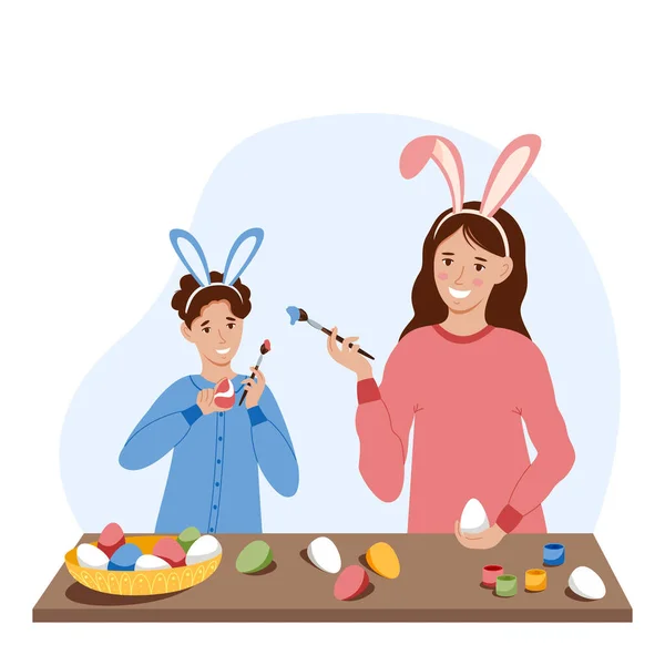 Madre Con Hijo Están Decorando Huevos Pascua Cocina Feliz Pascua — Vector de stock