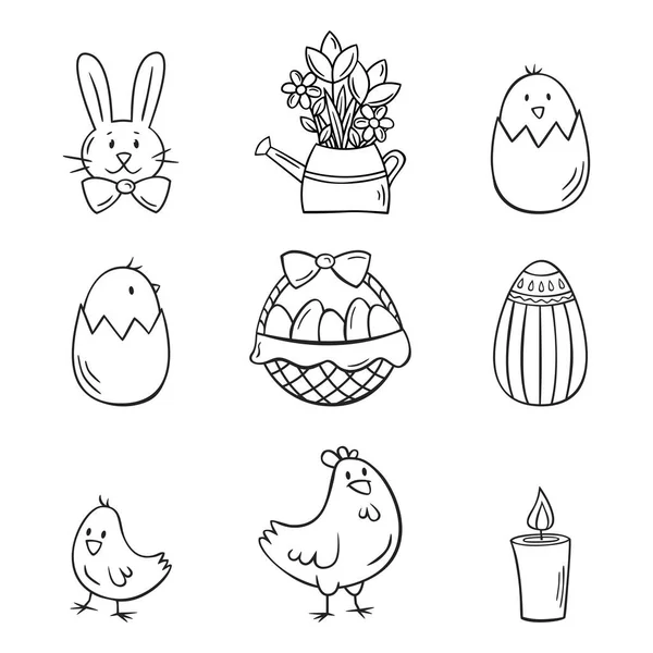 Ręcznie Rysowane Ikony Komplet Elementów Wielkanocnych Stylu Szkicu Doodle Ilustracja — Wektor stockowy