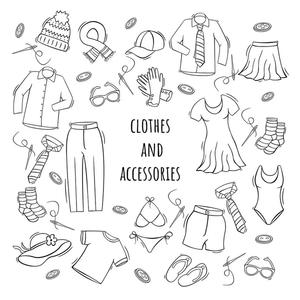 Icone Disegnate Mano Set Vestiti Accessori Stile Schizzo Doodle Illustrazione — Vettoriale Stock