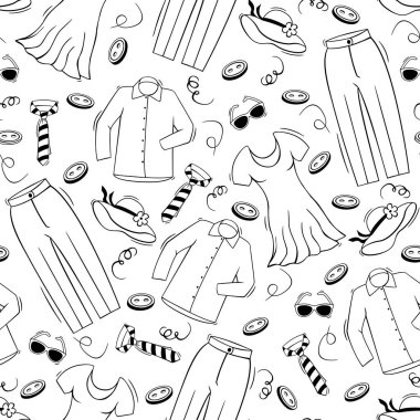 Kusursuz desenli, karalama tarzında giysileri var. El çizimi aksesuar deseni.