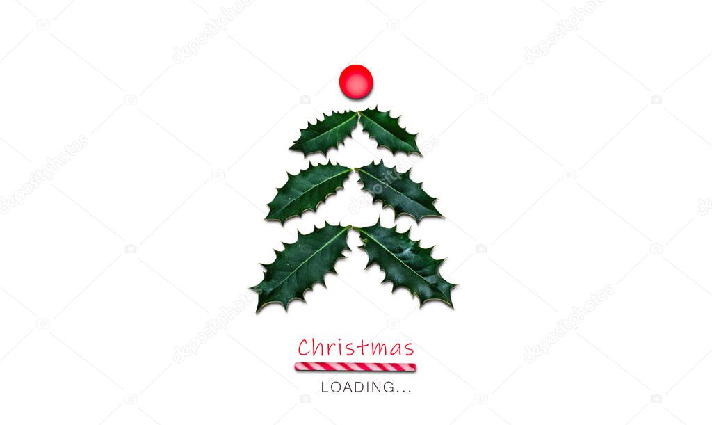 Christmas loading concept. Abstract minimal design of Christmas tree made of ilex leaves and candy cane bar isolated on white background.