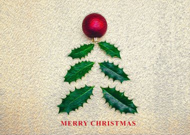 Kutsal yapraklardan yapılmış basit bir Noel ağacı içeren yağlı boya tebrik kartı..
