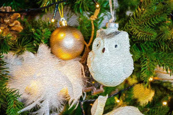 Olieverf Kerst Ornamenten Dennenboom Close — Stockfoto