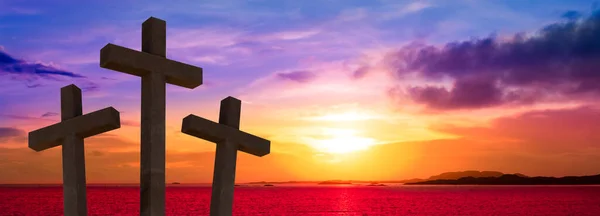 Crucifixion Jesus Christ Silhouette Three Crosses Sunset Sky — Stockfoto
