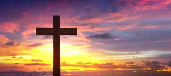 Silhouette Crucifix Cross Sunset Sky — Stockfoto