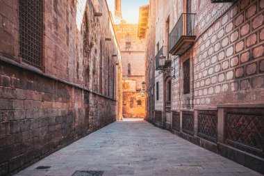İspanya 'nın Barselona şehrindeki katedrale yakın tarihi mimarisi olan dar bir sokak..