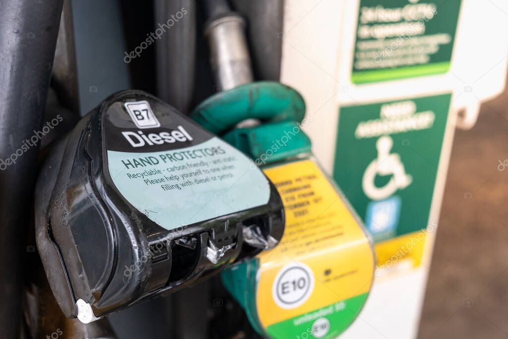Black Diesel hand pistol at a petrol station in the United Kingdom as fuel shortage hits the country. Petrol stations are all out of fuel as people wait in lines