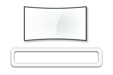Beyaz arkaplanda kabine bulunan geniş ekran akıllı televizyonun (TV) boş beyaz eğrisinin 3d çizimi.