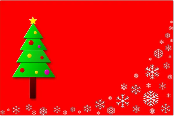 Groene Kerstboom Met Veel Witte Sneeuwvlokken Rode Achtergrond Met Gratis — Stockvector