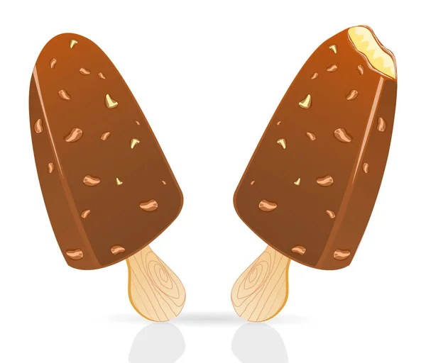 Dva Nanuky Vanilkové Zmrzliny Potažené Čokoládou Arašídy Bílém Pozadí Jedna — Stockový vektor