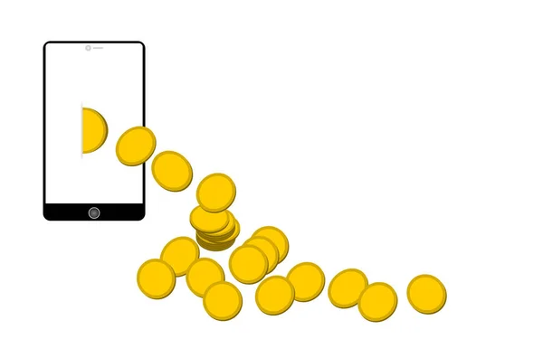 Поток Золотых Монет Белого Экрана Пустой Смартфон Белом Фоне Обналичивание — стоковый вектор