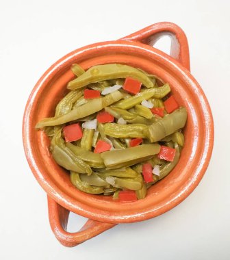 Mexican style nopales or Nopal Salad, copy space.