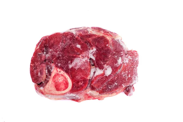 Bevroren Biefstuk Met Bot Delen Van Bevroren Rundvlees Geïsoleerd Witte — Stockfoto