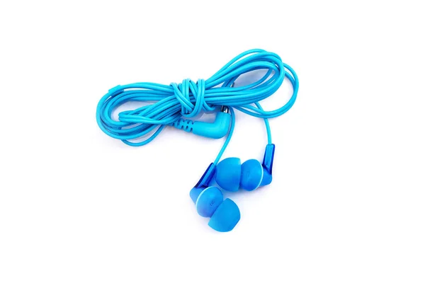 Blaue Ohrhörer Isoliert Auf Weißem Hintergrund Sauber Aufgerollter Draht Kopfhörer — Stockfoto