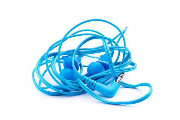 Μπλε Ακουστικά Απομονωμένα Λευκό Φόντο Ακουστικά Πλεγμένα Και Στριμμένα Καλώδια Royalty Free Εικόνες Αρχείου