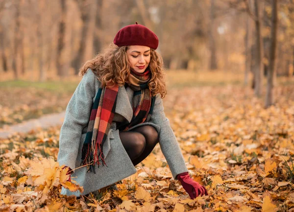 兴奋快乐的女孩掉下树叶 喜悦着美丽的秋天的色彩 公园里抱着秋天树叶的美丽微笑的女孩的画像 秋天的心情 — 图库照片