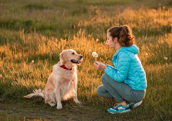 Härlig Kvinnlig Flicka Leker Med Sin Hund Golden Retriever Våren — Stockfoto