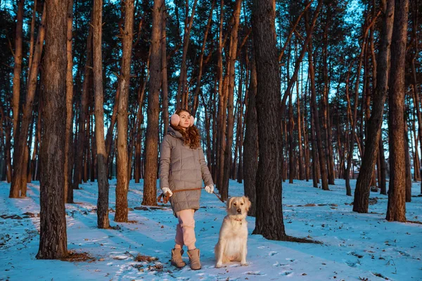Woman Going Walk Her Pet Dog Golden Retriever Winter Forest Stockfoto