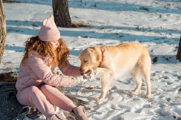 主人帮助她可爱的金毛猎犬清理爪子 狗的爪子在冬天冻僵了 雪被封住了 一个女孩暖被冻僵的狗的爪子 宠物和人类 小心点 — 图库照片
